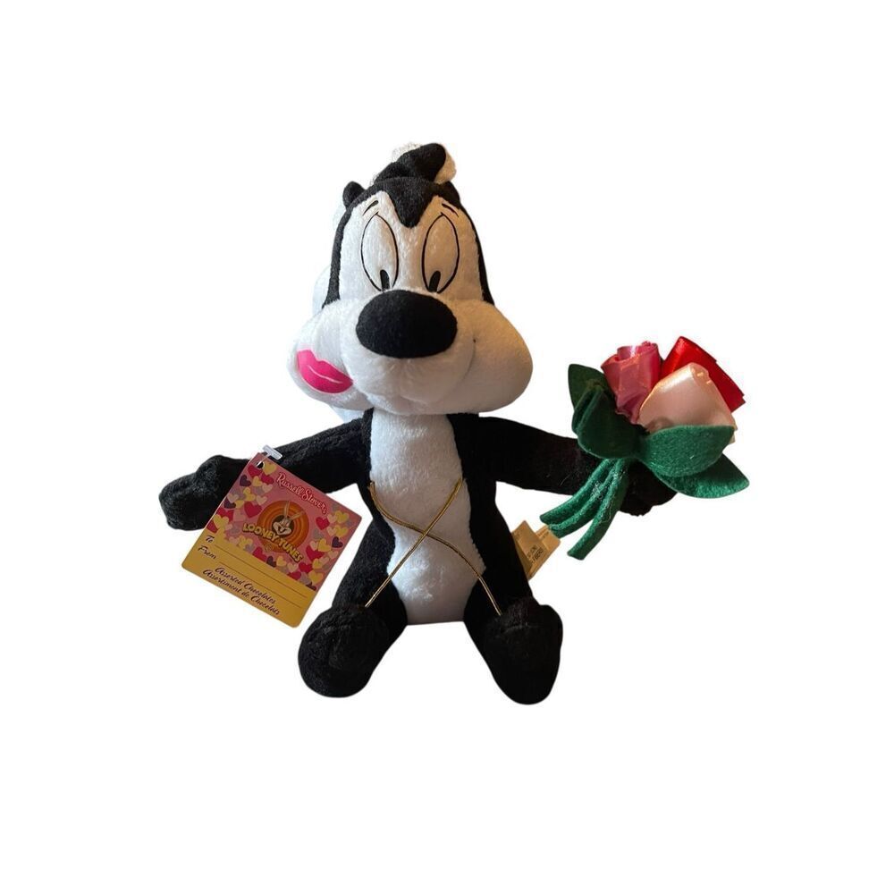 New Looney Toons Pepe Le Pew Rose Bouquet And Lipstick Kiss Stuffed Plush 10"